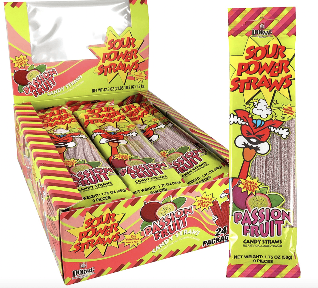 Sour Power Straws Gummy Tape Passion Fruit Flavour - 24 Pieces - Gelatin Free