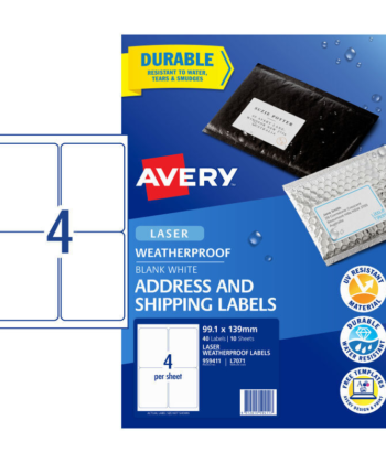 Avery Laser Label L7071 4 Labels Per Sheet - Weather Proof -  Pack Of 10