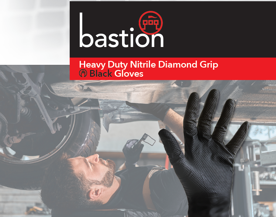 Bastion Heavy Duty Black Diamond Grip Nitrile Gloves Powder Free Micro Textured 50pcs