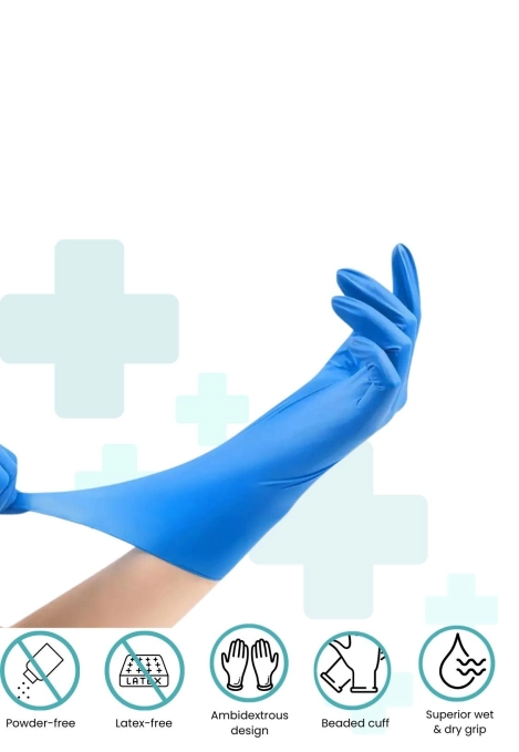 Handicare Blue Nitrile Long Cuff Powder Free Box of 100 - Image 2